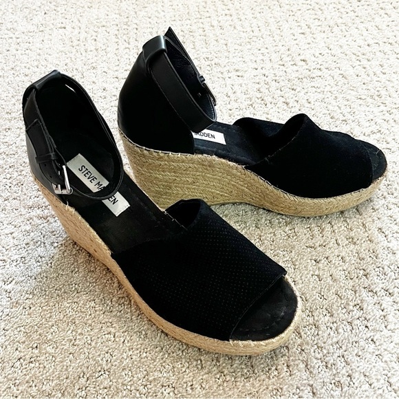Steve Madden Josey Black Wedges Women Size 9.5 Espadrille Sandals Ankle Strap - Picture 5 of 10